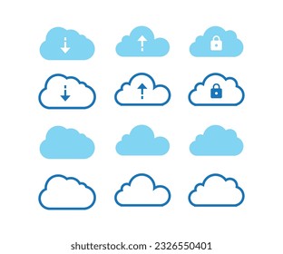 Laden Sie Dateien mit Cloud-Speichersymbolen herunter. Cloud-Computing und Cloud-Hosting-ähnliche Zeilensymbole. Netzwerk-Vektorsymbol-Set.