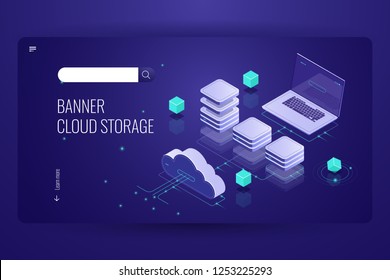 Download files from the concept cloud data storage, isometric cloud computer technology, network vector 3d schematic