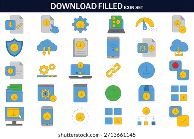 Conjunto de iconos con Descarga que incluye Descarga de archivos, almacenamiento en la nube, sincronización, seguridad, Enlaces, progreso, Configuraciones y símbolos de transferencia de datos. Ideal para App, interfaz de usuario, Diseño web e interfaces de software.