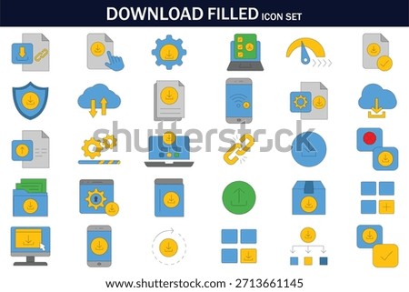 Download filled icon set featuring file download, cloud storage, sync, security, links, progress, settings, and data transfer symbols. Ideal for apps, UI, web design, and software interfaces.