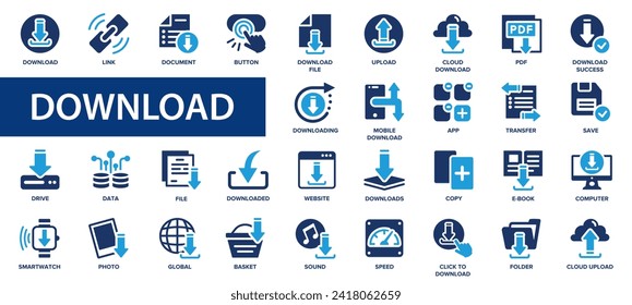 Laden Sie flache Symbole herunter. Button, Dokument, Formate, Ordner, Website, speichern, Laufwerk-Symbole und mehr Zeichen. Kollektion von Flachsymbol.