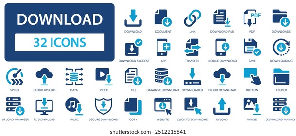 Download flat icons set. Button, document, formats, folder, website, save, drive.