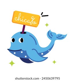 Download flat sticker of whale with chicago signboard 