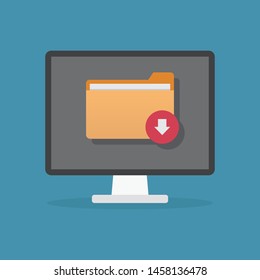 Download folder files on a computer with a blue background flat design vector illustration