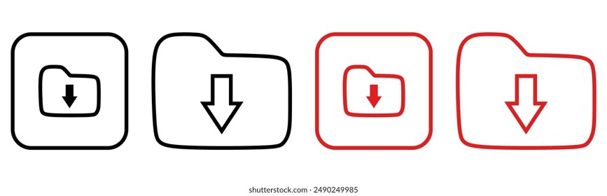 download folder icon line art, file document import icon sign with arrow down - save folder file icon button.