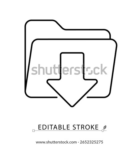 A download folder icon in minimalist style with editable stroke. File receiving, data access, document saving, digital archive, content sync, cloud download, outline vector illustration.