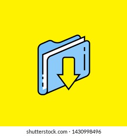 Download folder line icon. Storage data backup file sign. Blue computer document with down arrow symbol isolated on yellow background. Vector illustration.