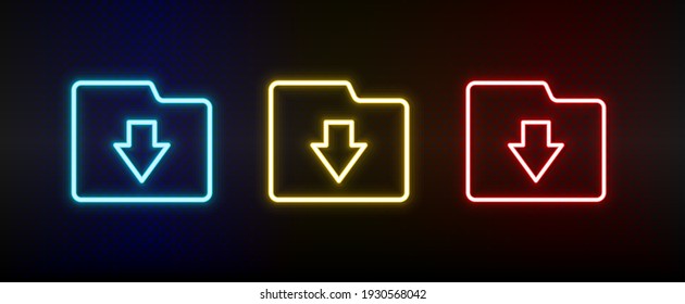 download, folder neon icon set. Set of red, blue, yellow neon vector icon
