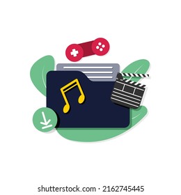 Laden Sie Ordner und Papier für die Verwaltung von Multimedia-Dateien herunter, dokumentieren Sie effiziente Arbeit am Projektplankonzept. Spiel, Musik und Video-Dokument minimalen Ordner Symbol.