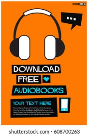 Download Free Audiobooks Banner with Headphones in Flat Style Retro Illustration
