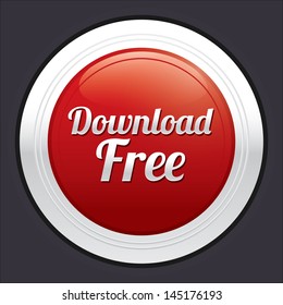 Download free button. Vector red round sticker. Metallic icon with gradient.