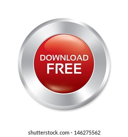 Download free button. Vector red round sticker. Metallic icon with gradient. Isolated on white.