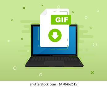 Download GIF icon file with label on laptop screen. Downloading document concept. Banner for business, marketing and advertising. Vector Illustration.