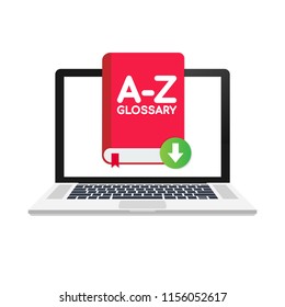 Download Glossary book on laptop. Vector stock illustration.
