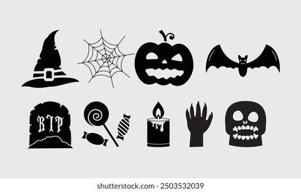 Download a Halloween Vector Set featuring spooky and creative designs, perfect for posters, banners, invitations, and more. High-quality, ready for commercial use on Microstock platforms.