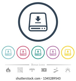Download to hard drive flat color icons in round outlines. 6 bonus icons included.