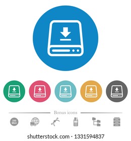 Download to hard drive flat white icons on round color backgrounds. 6 bonus icons included.