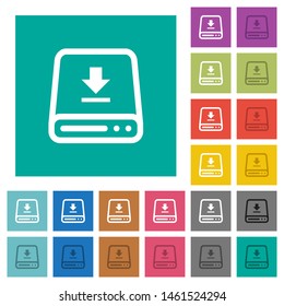 Download to hard drive multi colored flat icons on plain square backgrounds. Included white and darker icon variations for hover or active effects.