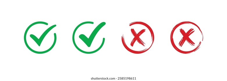 Download a high-quality checkmark and cross vector icon set in green and red colors. Perfect for success and error indication, approval, rejection, and decision-making visuals.