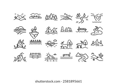 Download a high-quality landscape linear icon vector illustration. Perfect for logos, outdoor themes, nature designs, web graphics, and minimalist artworks.