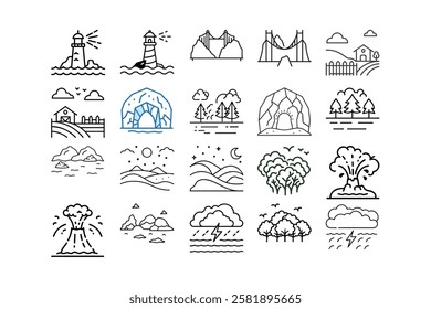 Download a high-quality landscape linear icon vector illustration. Perfect for logos, outdoor themes, nature designs, web graphics, and minimalist artworks.