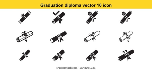 Download a high-quality set of 16 graduation diploma vector icons featuring rolled certificates, ribbons, and checkmarks.