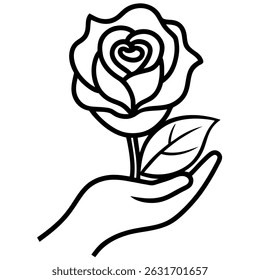 Download a high-quality vector illustration of a hand holding a red rose on a white background. Ideal for love-themed designs, wedding invitations, and greeting cards.