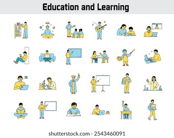 Download high-quality vector illustrations depicting various educational activities, including studying, reading books, online courses, e-learning, video tutorials, back to school, distance education.