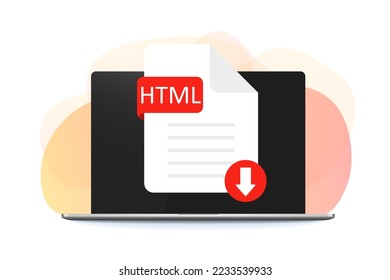 Download HTML icon file with label on screen computer. Downloading document concept. HTML label and down arrow sign. Vector stock illustration.