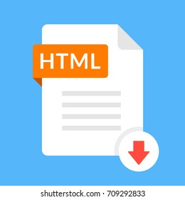 Download HTML icon. File with HTML label and down arrow sign. Webpage, website, web page. Downloading document concept. Flat design vector icon