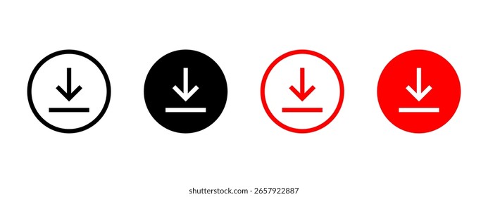 Download icon. Arrow pointing down to line inside circle vector illustration. File save or data transfer symbol. Interface button for mobile UI sign. Minimal clean pictogram.