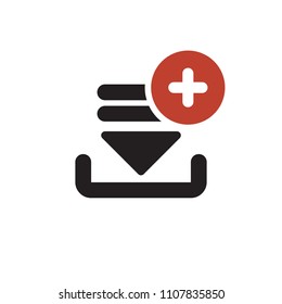 Download icon, arrows icon with add sign. Download icon and new, plus, positive symbol. Vector illustration
