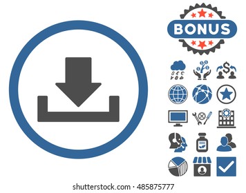 Download icon with bonus design elements. Vector illustration style is flat iconic bicolor symbols, cobalt and gray colors, white background.