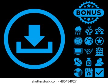 Download icon with bonus images. Vector illustration style is flat iconic symbols, blue color, black background.