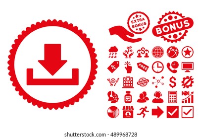 Download icon with bonus images. Vector illustration style is flat iconic symbols, red color, white background.
