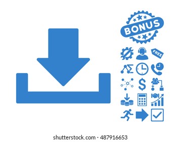 Download icon with bonus pictogram. Vector illustration style is flat iconic symbols, cobalt color, white background.