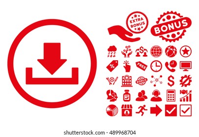 Download icon with bonus pictures. Vector illustration style is flat iconic symbols, red color, white background.