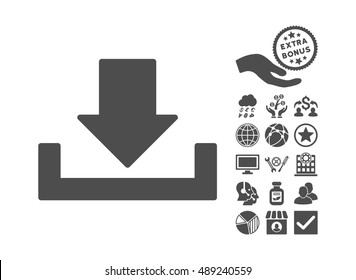 Download icon with bonus symbols. Vector illustration style is flat iconic symbols, gray color, white background.