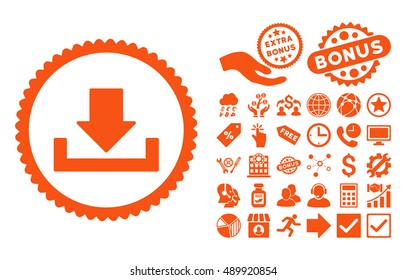 Download icon with bonus symbols. Vector illustration style is flat iconic symbols, orange color, white background.