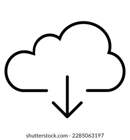 Download icon, cloud storage file get flat style black outline vector symbol with line arrow. Modern, simple illustration graphic design for web, mobile, app, internet. Object isolated on white.