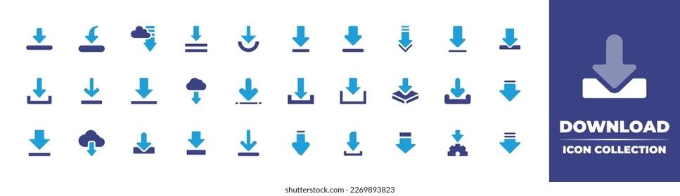 Download icon collection. Duotone color. Vector illustration. Containing direct download, bar, downloading, download, down arrow, arrow, download arrow.