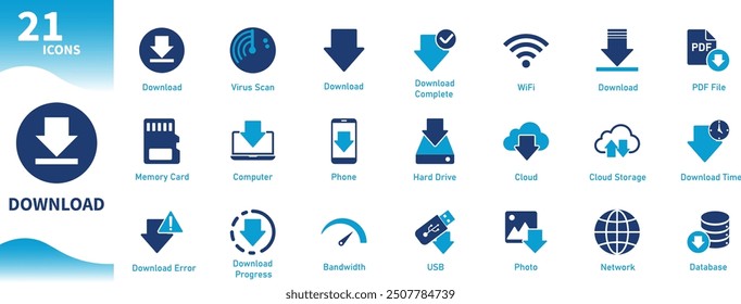 Download icon. Collection of icons themed digital storage, internet, arrows, cloud computing, data. Solid vector icons.