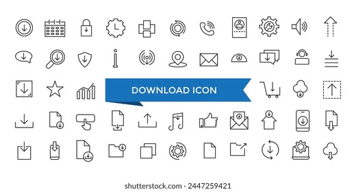 Download icon collection. Related to upload, document, link, download file, folder, data and PDF icons. Line icon set.