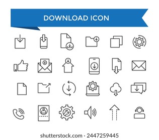 Download icon collection. Related to upload, document, link, download file, folder, data and PDF icons. Line icon set.