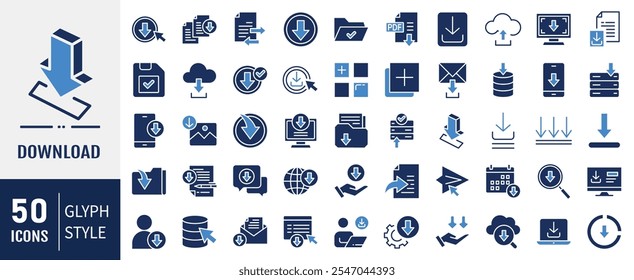 Download Icon Collection set. Containing upload, document, download file, folder, data and PDF icons. Vector Illustration.