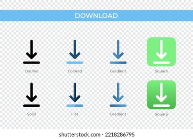 Download icon in different style. Download vector icons designed in outline, solid, colored, gradient, and flat style. Symbol, logo illustration. Vector illustration