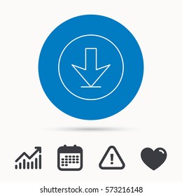 Download icon. Down arrow sign. Internet load symbol. Calendar, attention sign and growth chart. Button with web icon. Vector