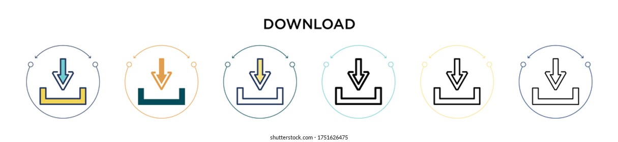 Download icon in filled, thin line, outline and stroke style. Vector illustration of two colored and black download vector icons designs can be used for mobile, ui, web