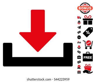 Download icon with free bonus pictograms. Vector illustration style is flat iconic symbols, intensive red and black colors, white background.