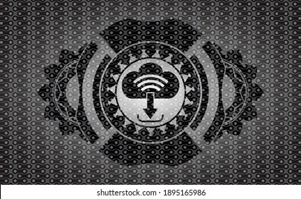 icono de descarga dentro de la insignia de realidad abstracta negra. Patrón de fondo de moda. Ilustración. 